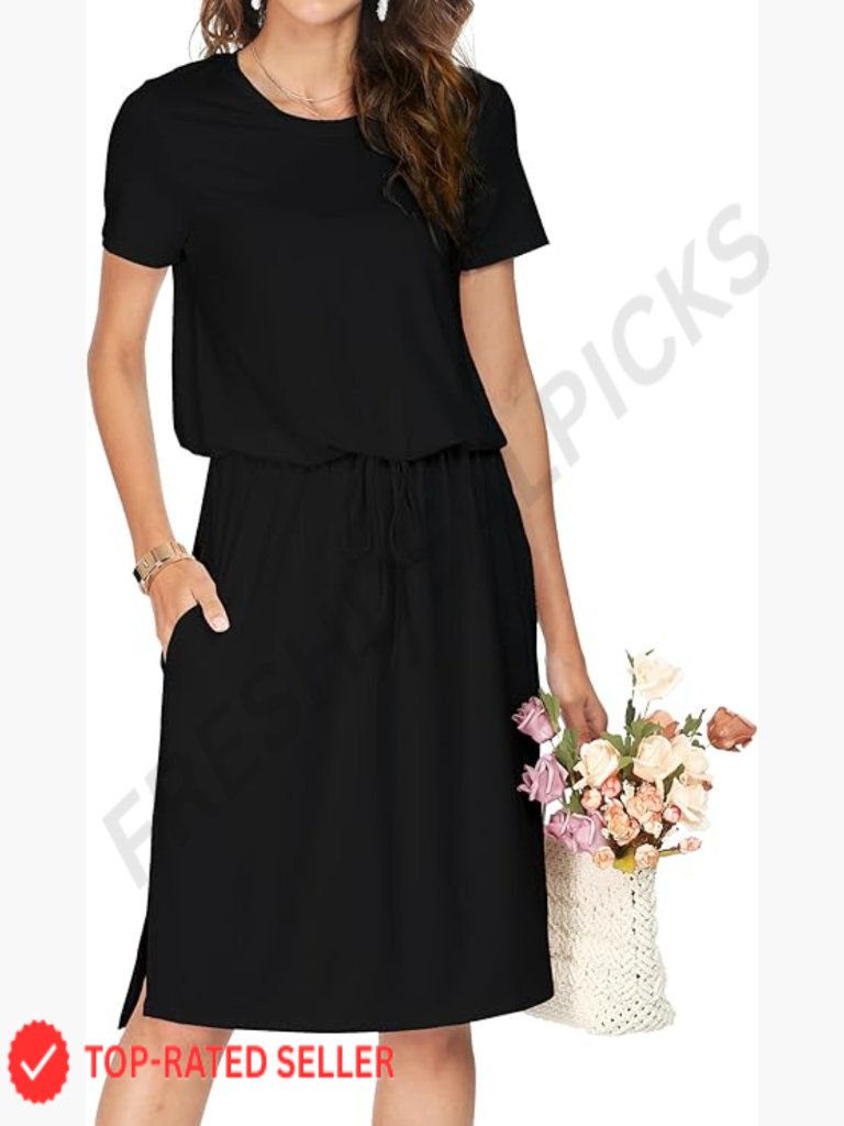 Women's Casual Midi Dress With Pockets Hide Belly Short Sleeve Spring Work